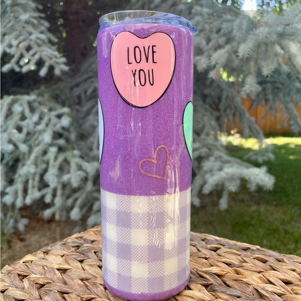 Love You Custom Candy Hearts Purple Stainless Steel Insulated Tumbler.